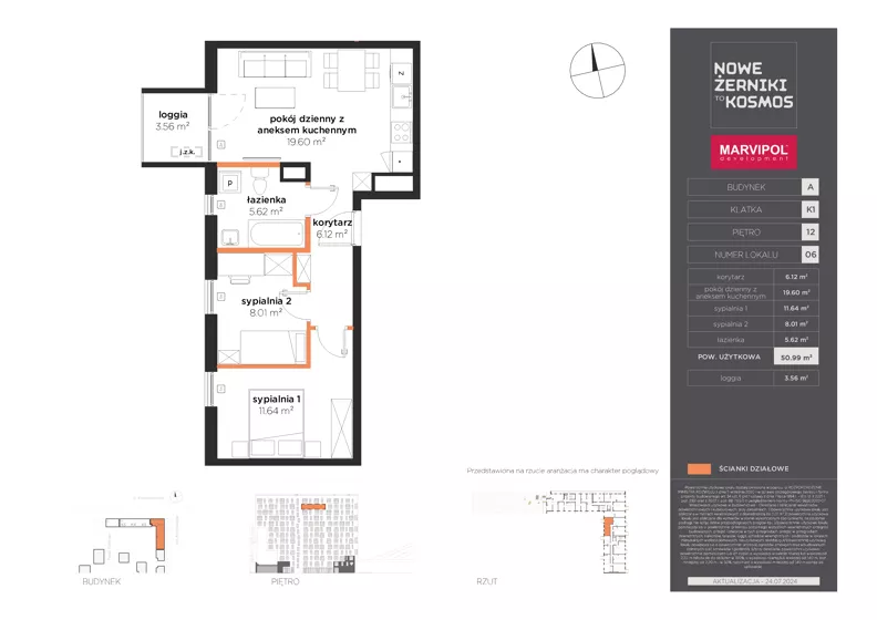 3 pokoje, mieszkanie 50,99 m², piętro 12, oferta nr A/A-12-06-K1, Nowe Żerniki, Wrocław, Żerniki, ul. Kosmonautów / al. Architektów