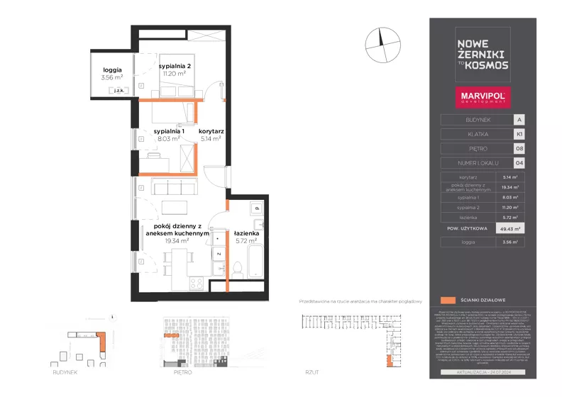 3 pokoje, mieszkanie 49,43 m², piętro 8, oferta nr A/A-08-04-K1, Nowe Żerniki, Wrocław, Żerniki, ul. Kosmonautów / al. Architektów