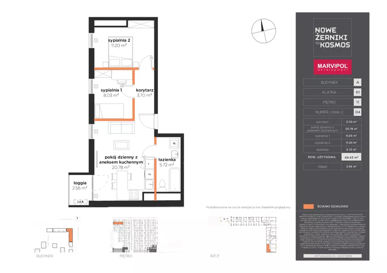 3 pokoje, mieszkanie 49,43 m², piętro 11, oferta nr A/A-11-04-K1, Nowe Żerniki, Wrocław, Żerniki, ul. Kosmonautów / al. Architektów