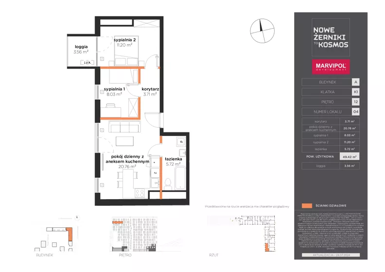 3 pokoje, mieszkanie 49,42 m², piętro 12, oferta nr A/A-12-04-K1, Nowe Żerniki, Wrocław, Żerniki, ul. Kosmonautów / al. Architektów