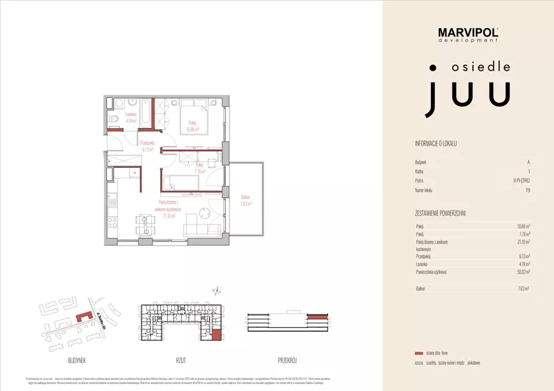 3 pokoje, mieszkanie 49,79 m², piętro 2, oferta nr A/M019, Osiedle Juu, Warszawa, Białołęka, Grodzisk, ul. Skarbka z Gór 47