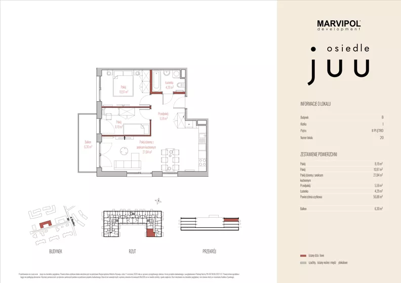 3 pokoje, mieszkanie 56,89 m², piętro 2, oferta nr B/M020, Osiedle Juu, Warszawa, Białołęka, Grodzisk, ul. Skarbka z Gór 47