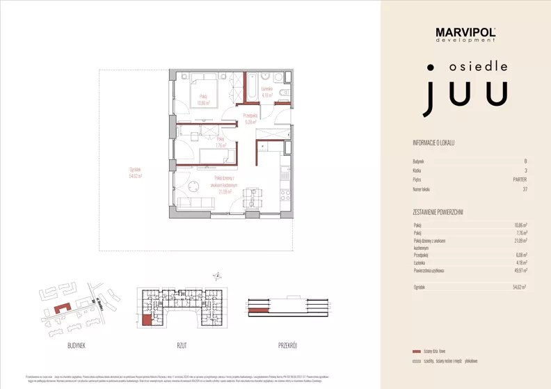 3 pokoje, mieszkanie 49,97 m², parter, oferta nr B/M037, Osiedle Juu, Warszawa, Białołęka, Grodzisk, ul. Skarbka z Gór 47