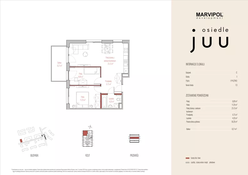 3 pokoje, mieszkanie 56,20 m², piętro 1, oferta nr C/M013, Osiedle Juu, Warszawa, Białołęka, Grodzisk, ul. Skarbka z Gór 47