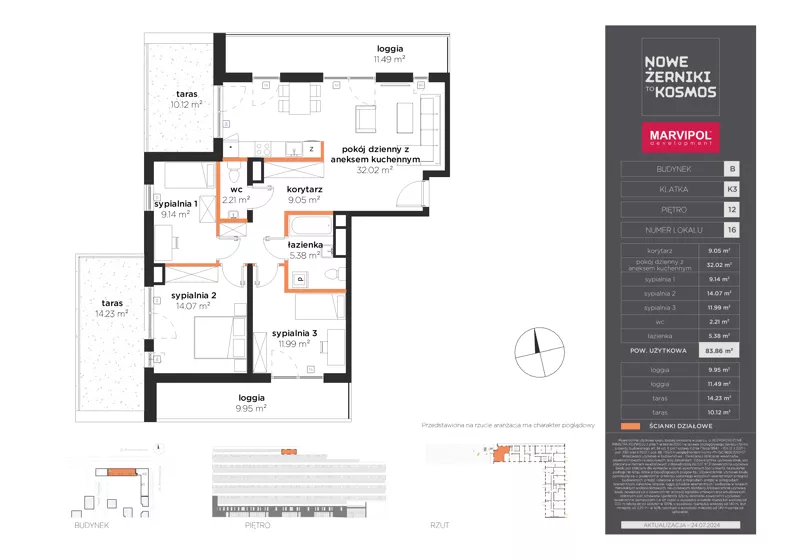 4 pokoje, mieszkanie 83,86 m², piętro 12, oferta nr B/B-12-16-K3, Nowe Żerniki, Wrocław, Żerniki, ul. Kosmonautów / al. Architektów