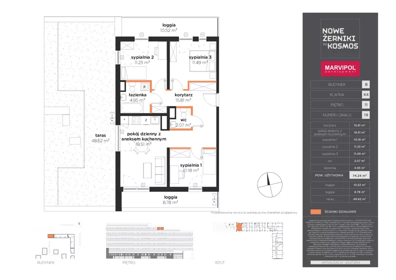 4 pokoje, mieszkanie 74,24 m², piętro 11, oferta nr B/B-11-19-K4, Nowe Żerniki, Wrocław, Żerniki, ul. Kosmonautów / al. Architektów