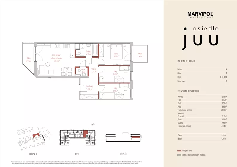 4 pokoje, mieszkanie 70,04 m², piętro 1, oferta nr A/M008, Osiedle Juu, Warszawa, Białołęka, Grodzisk, ul. Skarbka z Gór 47