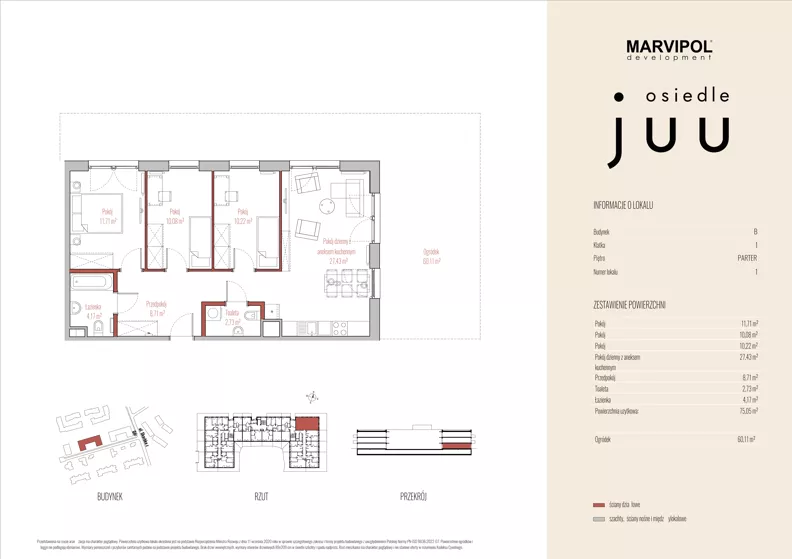 4 pokoje, mieszkanie 75,05 m², parter, oferta nr B/M001, Osiedle Juu, Warszawa, Białołęka, Grodzisk, ul. Skarbka z Gór 47