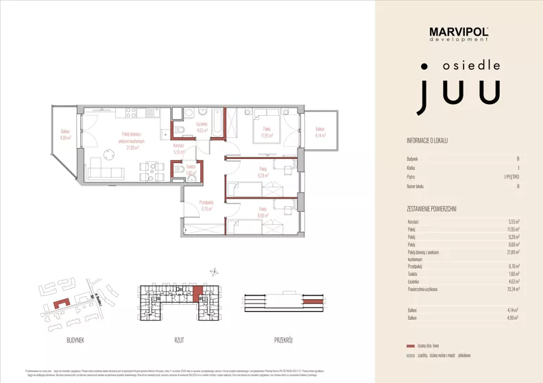 4 pokoje, mieszkanie 70,48 m², piętro 1, oferta nr B/M008, Osiedle Juu, Warszawa, Białołęka, Grodzisk, ul. Skarbka z Gór 47