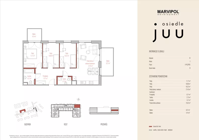4 pokoje, mieszkanie 75,03 m², piętro 1, oferta nr B/M009, Osiedle Juu, Warszawa, Białołęka, Grodzisk, ul. Skarbka z Gór 47