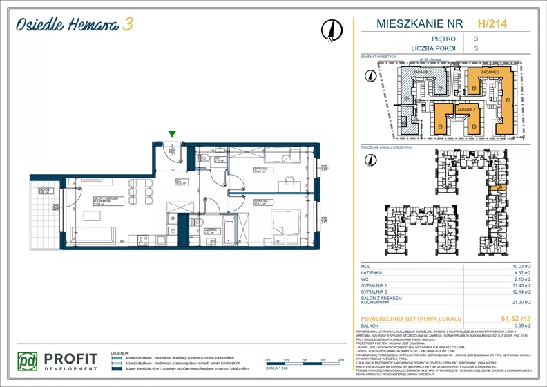 3 pokoje, mieszkanie 61,38 m², piętro 3, oferta nr OH3-2/H/4/214, Osiedle Hemara 3, Warszawa, Białołęka, Brzeziny, ul. Mariana Hemara