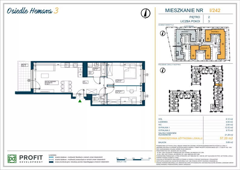 3 pokoje, mieszkanie 57,02 m², piętro 2, oferta nr OH3-2/I/3/242, Osiedle Hemara 3, Warszawa, Białołęka, Brzeziny, ul. Mariana Hemara