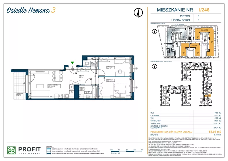 3 pokoje, mieszkanie 58,10 m², piętro 3, oferta nr OH3-2/I/4/246, Osiedle Hemara 3, Warszawa, Białołęka, Brzeziny, ul. Mariana Hemara