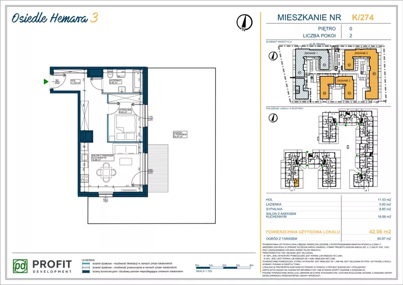 2 pokoje, mieszkanie 41,90 m², parter, oferta nr OH3-2/K/1/274, Osiedle Hemara 3, Warszawa, Białołęka, Brzeziny, ul. Mariana Hemara