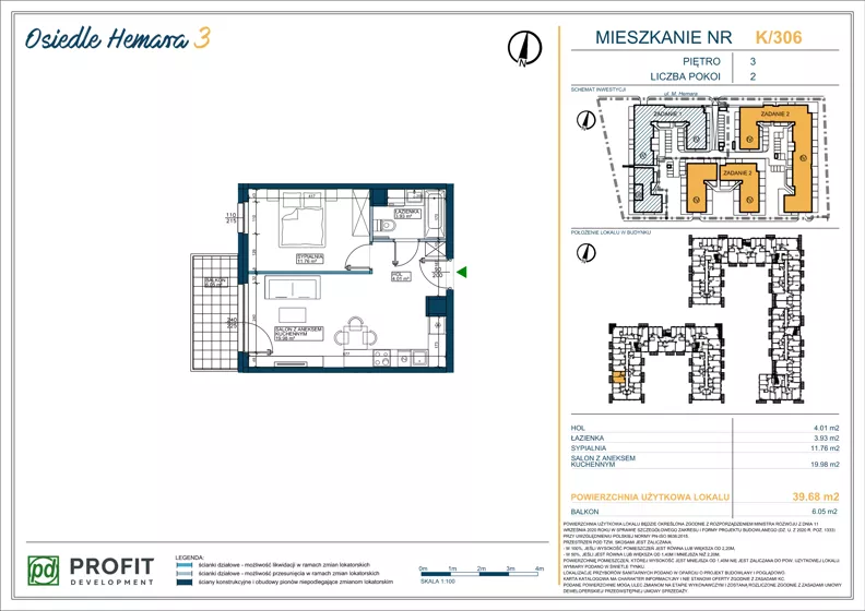 2 pokoje, mieszkanie 39,67 m², piętro 3, oferta nr OH3-2/K/4/306, Osiedle Hemara 3, Warszawa, Białołęka, Brzeziny, ul. Mariana Hemara