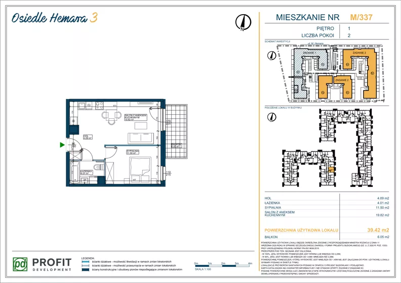 2 pokoje, mieszkanie 39,37 m², piętro 1, oferta nr OH3-2/M/2/337, Osiedle Hemara 3, Warszawa, Białołęka, Brzeziny, ul. Mariana Hemara