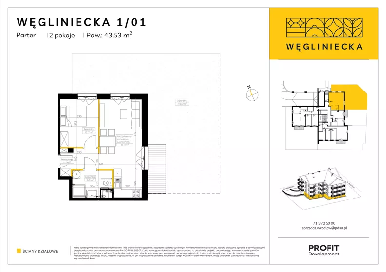 2 pokoje, mieszkanie 43,53 m², parter, oferta nr RD5/1/01, Węgliniecka, Wrocław, Maślice, ul. Węgliniecka 1