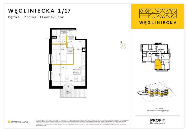 2 pokoje, mieszkanie 42,57 m², piętro 1, oferta nr RD5/1/17, Węgliniecka, Wrocław, Maślice, ul. Węgliniecka 1