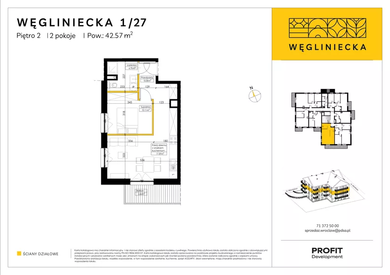 2 pokoje, mieszkanie 42,57 m², piętro 2, oferta nr RD5/1/27, Węgliniecka, Wrocław, Maślice, ul. Węgliniecka 1