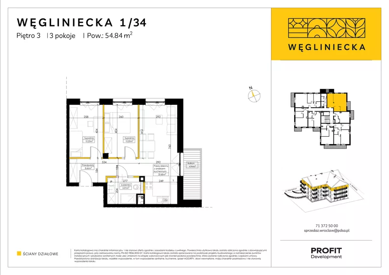 3 pokoje, mieszkanie 54,84 m², piętro 3, oferta nr RD5/1/34, Węgliniecka, Wrocław, Maślice, ul. Węgliniecka 1