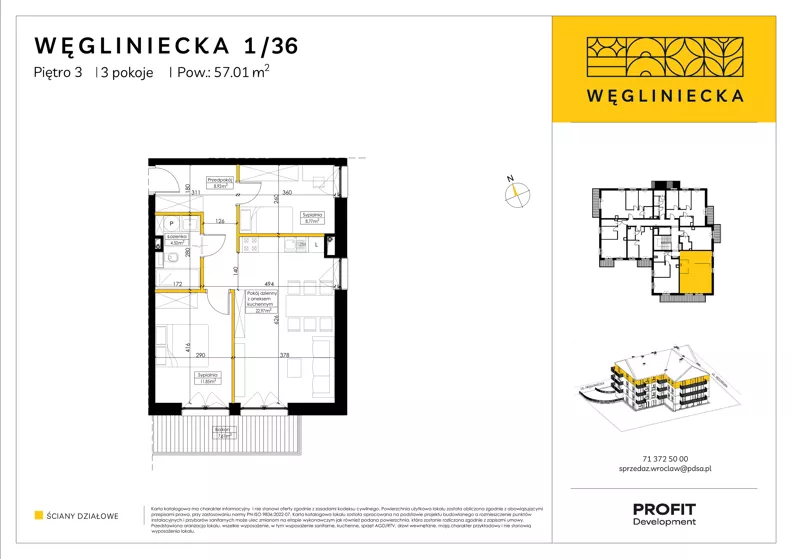 3 pokoje, mieszkanie 57,01 m², piętro 3, oferta nr RD5/1/36, Węgliniecka, Wrocław, Maślice, ul. Węgliniecka 1