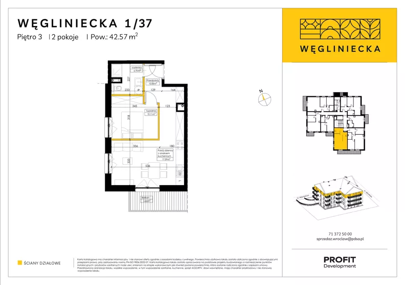 2 pokoje, mieszkanie 42,57 m², piętro 3, oferta nr RD5/1/37, Węgliniecka, Wrocław, Maślice, ul. Węgliniecka 1