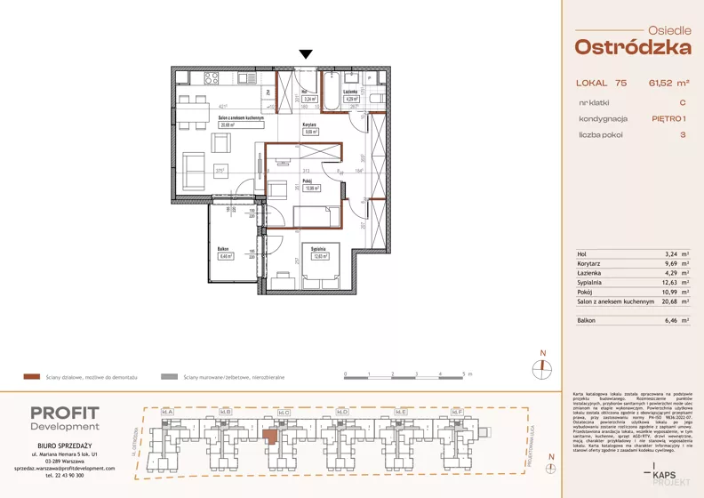 3 pokoje, mieszkanie 61,52 m², piętro 1, oferta nr OST1/C/2/75, Ostródzka, Warszawa, Białołęka, Białołęka, ul. Ostródzka 110