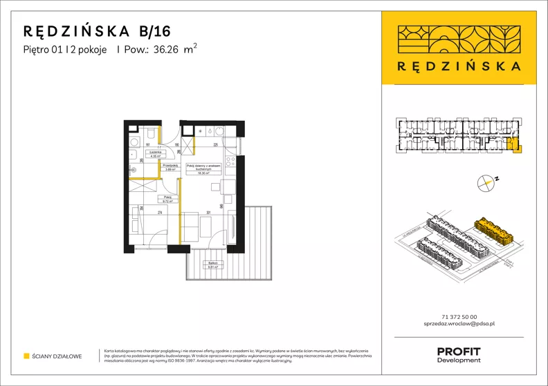 2 pokoje, mieszkanie 36,26 m², piętro 1, oferta nr RD4A/B/16, Rędzińska 4, Wrocław, Maślice, ul. Rędzińska