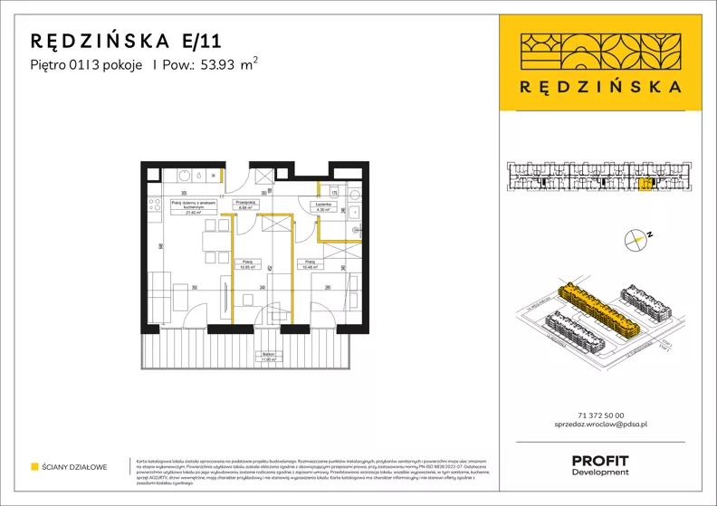 3 pokoje, mieszkanie 53,93 m², piętro 1, oferta nr RD4B/E/11, Rędzińska 4, Wrocław, Maślice, ul. Rędzińska