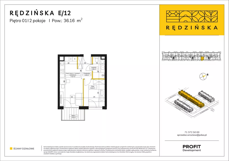 2 pokoje, mieszkanie 36,16 m², piętro 1, oferta nr RD4B/E/12, Rędzińska 4, Wrocław, Maślice, ul. Rędzińska