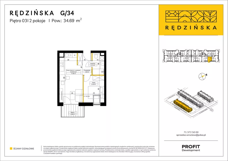 2 pokoje, mieszkanie 34,69 m², piętro 3, oferta nr RD4B/G/34, Rędzińska 4, Wrocław, Maślice, ul. Rędzińska