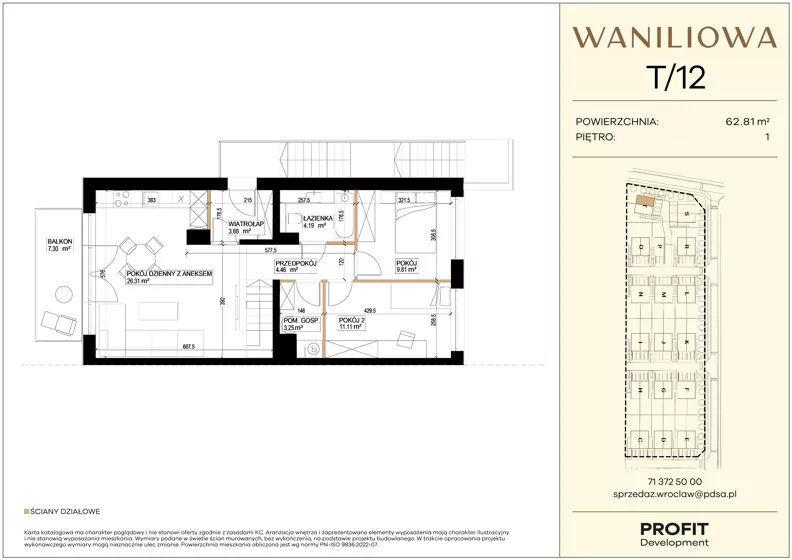 3 pokoje, mieszkanie 62,81 m², piętro 1, oferta nr WA1/T/12, Waniliowa, Wrocław, Lipa Piotrowska, Psie Pole, ul. Waniliowa