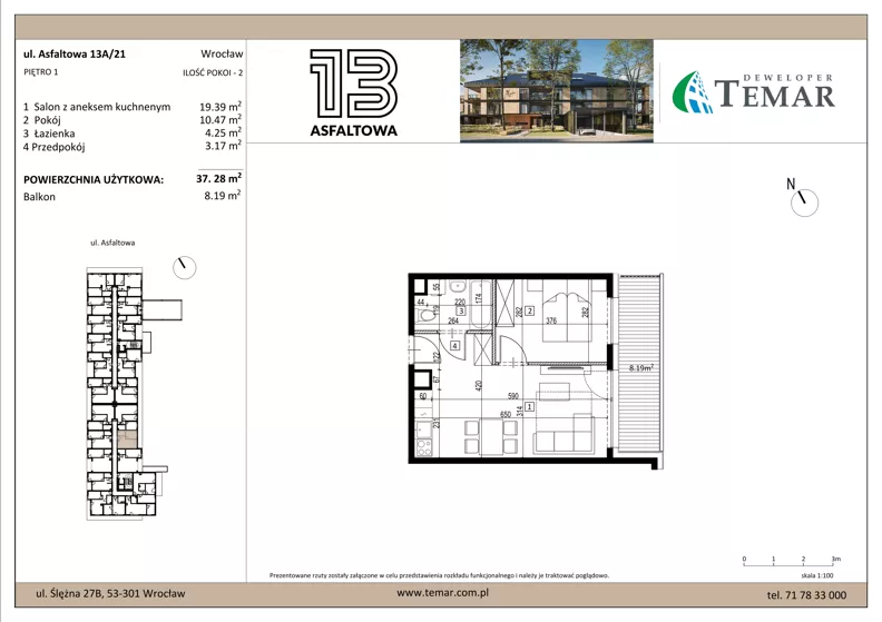 2 pokoje, mieszkanie 37,57 m², piętro 1, oferta nr 13A/21, ASFALTOWA 13, Wrocław, Wojszyce, Krzyki, ul. Asfaltowa 13