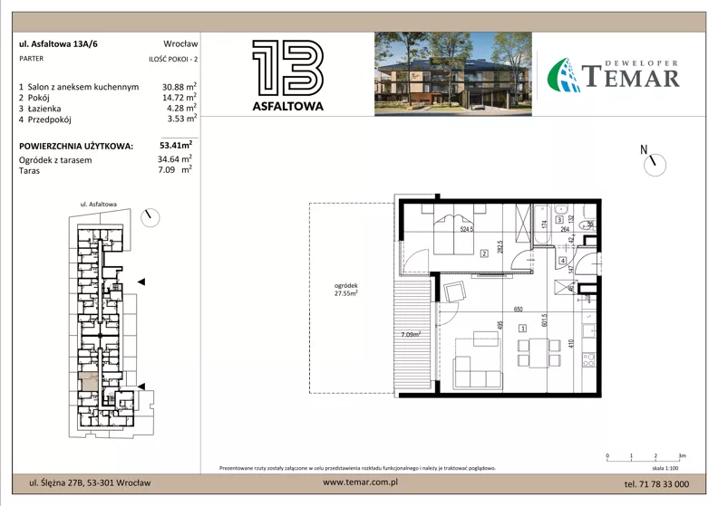 2 pokoje, mieszkanie 53,41 m², parter, oferta nr 13A/6, ASFALTOWA 13, Wrocław, Wojszyce, Krzyki, ul. Asfaltowa 13
