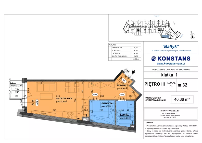 1 pokój, mieszkanie 40,36 m², piętro 3, oferta nr 32, Bałtyk, Mińsk Mazowiecki, ul. Stefana Kardynała Wyszyńskiego 1