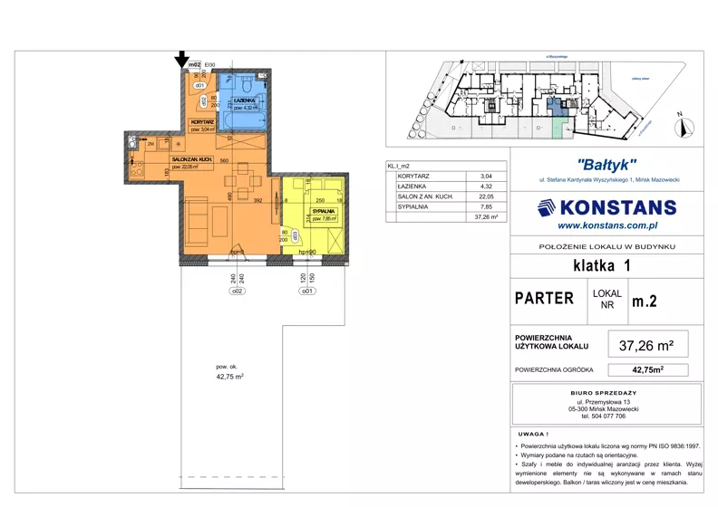 2 pokoje, mieszkanie 37,26 m², parter, oferta nr 2, Bałtyk, Mińsk Mazowiecki, ul. Stefana Kardynała Wyszyńskiego 1