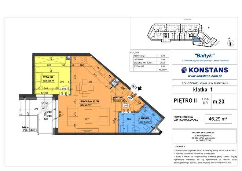 2 pokoje, mieszkanie 46,29 m², piętro 2, oferta nr 23, Bałtyk, Mińsk Mazowiecki, ul. Stefana Kardynała Wyszyńskiego 1