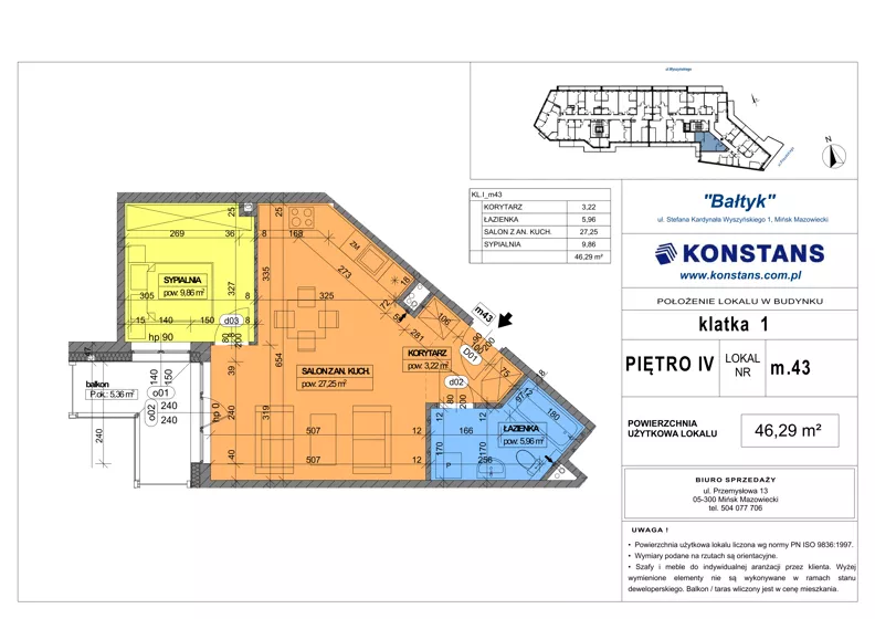 2 pokoje, mieszkanie 46,29 m², piętro 4, oferta nr 43, Bałtyk, Mińsk Mazowiecki, ul. Stefana Kardynała Wyszyńskiego 1