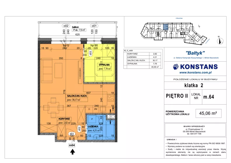 2 pokoje, mieszkanie 45,06 m², piętro 2, oferta nr 64, Bałtyk, Mińsk Mazowiecki, ul. Stefana Kardynała Wyszyńskiego 1