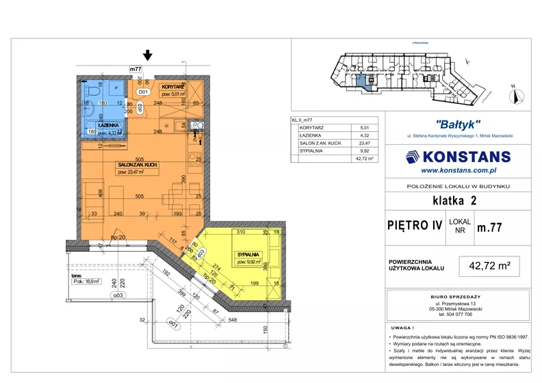 2 pokoje, mieszkanie 42,72 m², piętro 4, oferta nr 77, Bałtyk, Mińsk Mazowiecki, ul. Stefana Kardynała Wyszyńskiego 1
