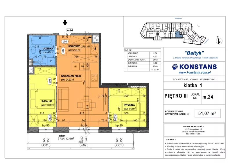 3 pokoje, mieszkanie 51,07 m², piętro 3, oferta nr 24, Bałtyk, Mińsk Mazowiecki, ul. Stefana Kardynała Wyszyńskiego 1