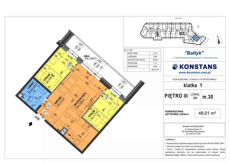 3 pokoje, mieszkanie 48,01 m², piętro 3, oferta nr 30, Bałtyk, Mińsk Mazowiecki, ul. Stefana Kardynała Wyszyńskiego 1