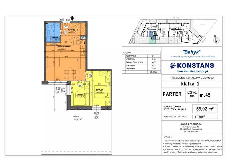 3 pokoje, mieszkanie 55,92 m², parter, oferta nr 45, Bałtyk, Mińsk Mazowiecki, ul. Stefana Kardynała Wyszyńskiego 1