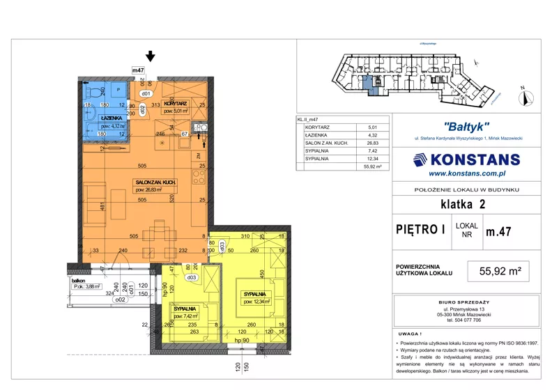 3 pokoje, mieszkanie 55,92 m², piętro 1, oferta nr 47, Bałtyk, Mińsk Mazowiecki, ul. Stefana Kardynała Wyszyńskiego 1