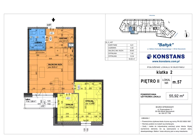 3 pokoje, mieszkanie 55,92 m², piętro 2, oferta nr 57, Bałtyk, Mińsk Mazowiecki, ul. Stefana Kardynała Wyszyńskiego 1