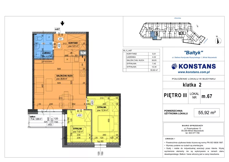 3 pokoje, mieszkanie 55,92 m², piętro 3, oferta nr 67, Bałtyk, Mińsk Mazowiecki, ul. Stefana Kardynała Wyszyńskiego 1