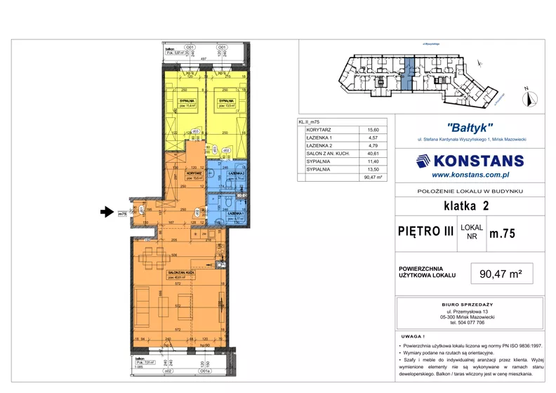 3 pokoje, mieszkanie 90,47 m², piętro 3, oferta nr 75, Bałtyk, Mińsk Mazowiecki, ul. Stefana Kardynała Wyszyńskiego 1