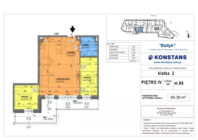 3 pokoje, mieszkanie 60,39 m², piętro 4, oferta nr 86, Bałtyk, Mińsk Mazowiecki, ul. Stefana Kardynała Wyszyńskiego 1