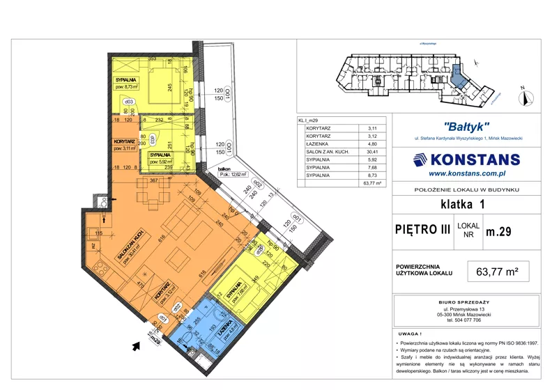 4 pokoje, mieszkanie 63,77 m², piętro 3, oferta nr 29, Bałtyk, Mińsk Mazowiecki, ul. Stefana Kardynała Wyszyńskiego 1