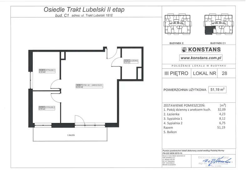 3 pokoje, mieszkanie 51,19 m², piętro 3, oferta nr E28, Trakt Lubelski - Etap II, Warszawa, Wawer, Zbytki, ul. Trakt Lubelski 181E/F